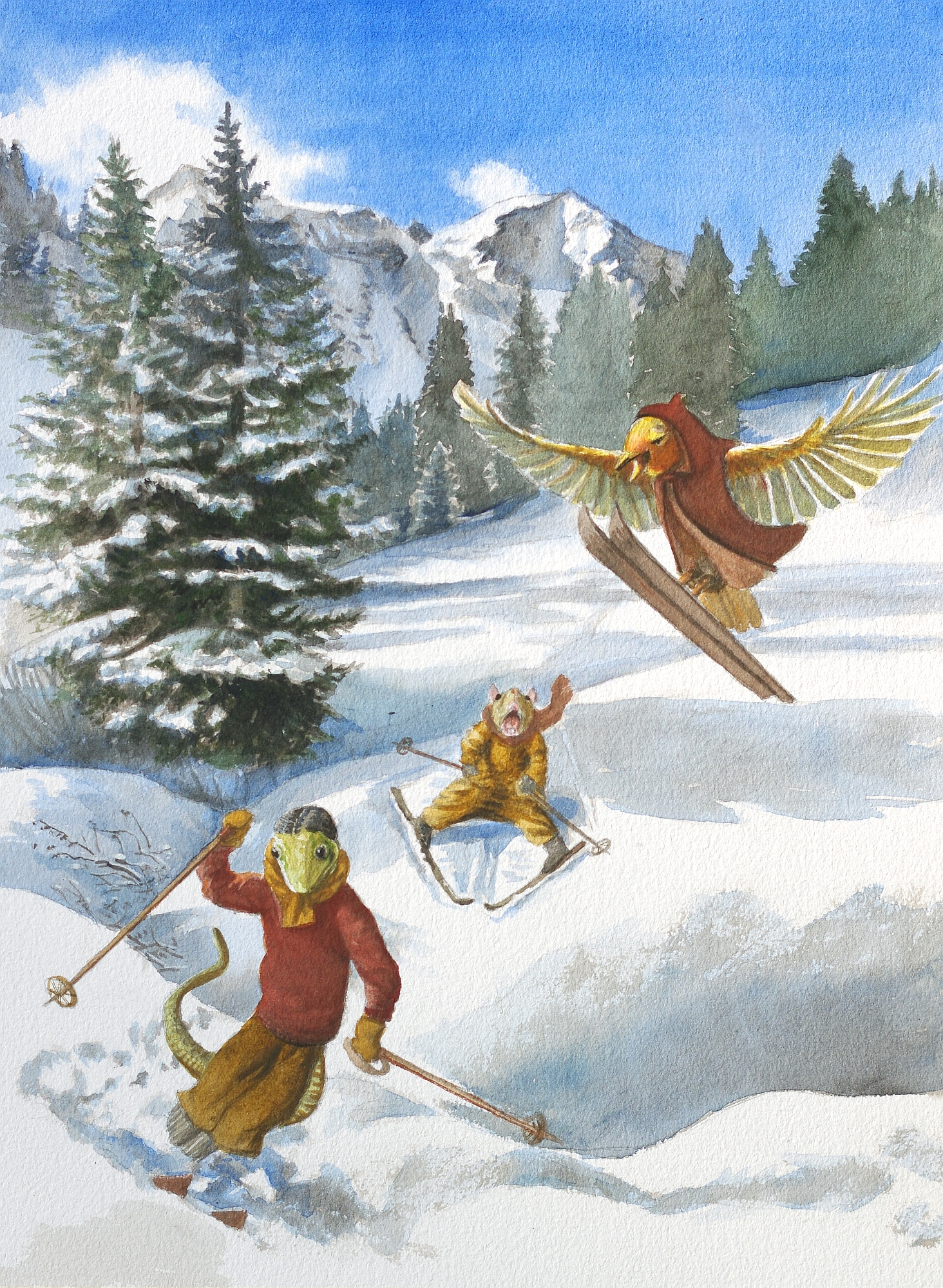 Unsere Helden von Wiesenwald fahren Ski | Aquarell und Gouache auf Papier