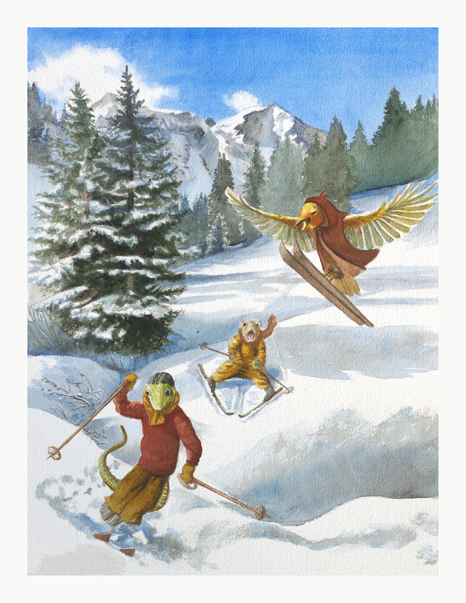 Fine Art Print On Paper 'Unsere Helden von Wiesenwald fahren Ski'